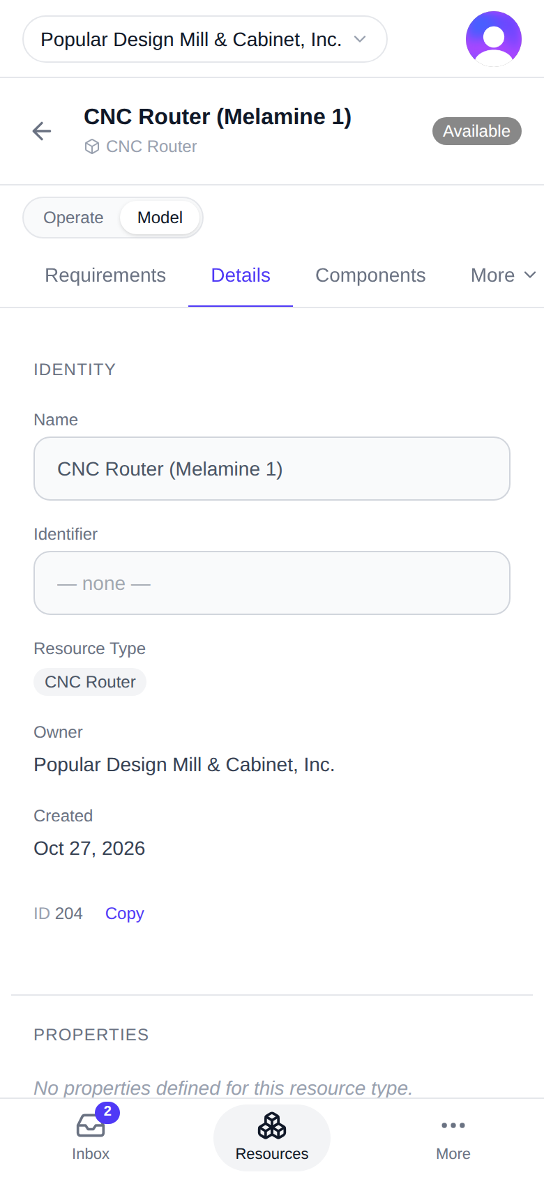 "Model" › "Details" without write access — read-only fields