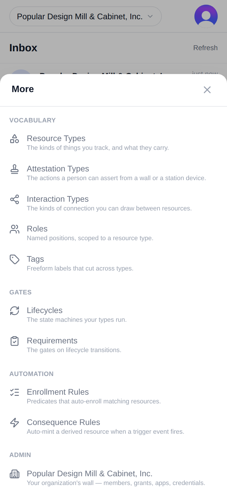 The "More" sheet, "Admin" section, with your organization's name