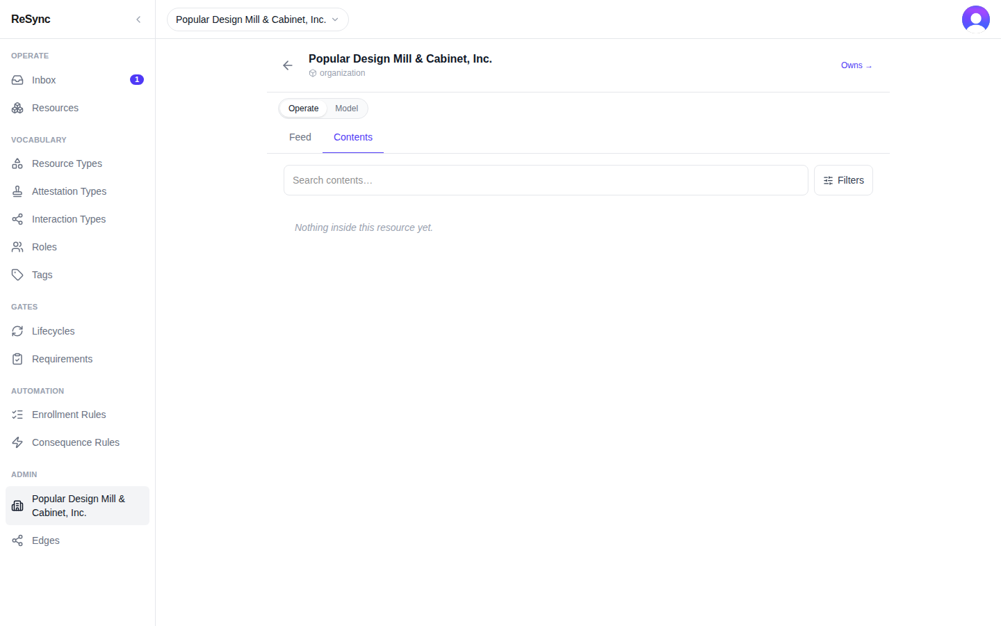 "Feed" and "Contents" on the organization's wall — desktop