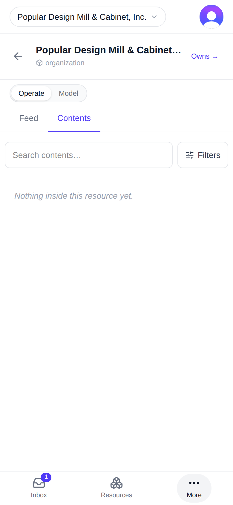 "Feed" and "Contents" on the organization's wall