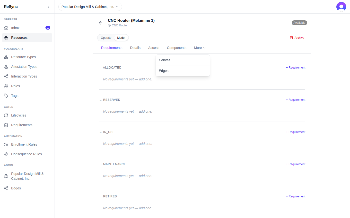 A resource's wall, "Model" selected, with "More" open — desktop