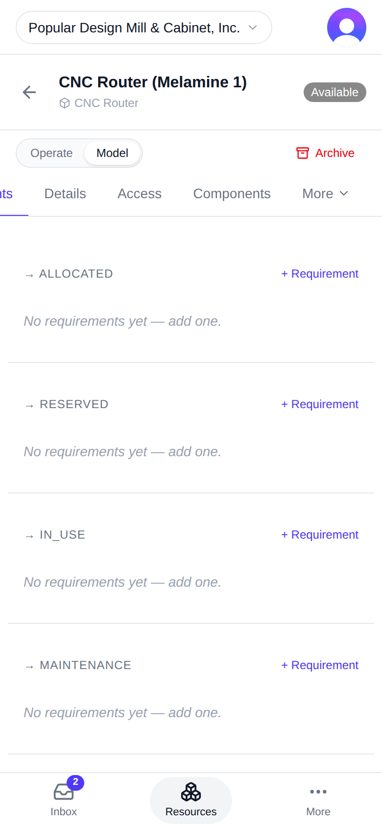 A resource's wall, "Model" selected, with "More" open