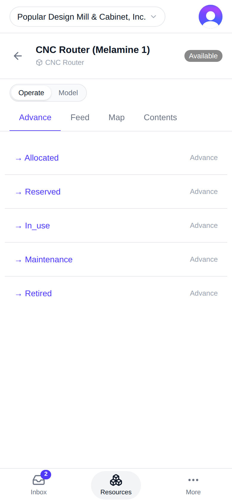 A resource's wall, "Operate" selected