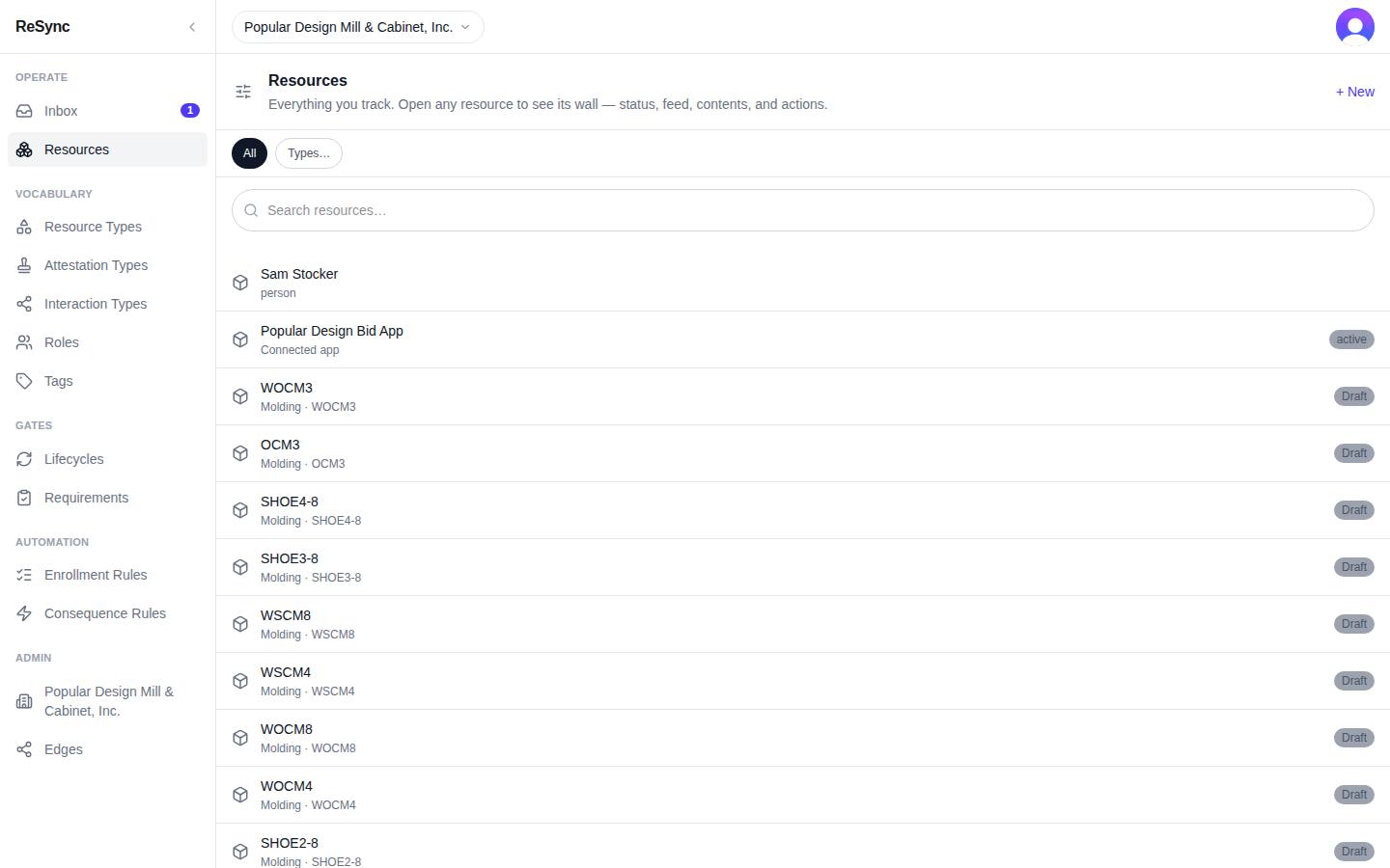 "Resources" — search, filter, drill into any wall — desktop