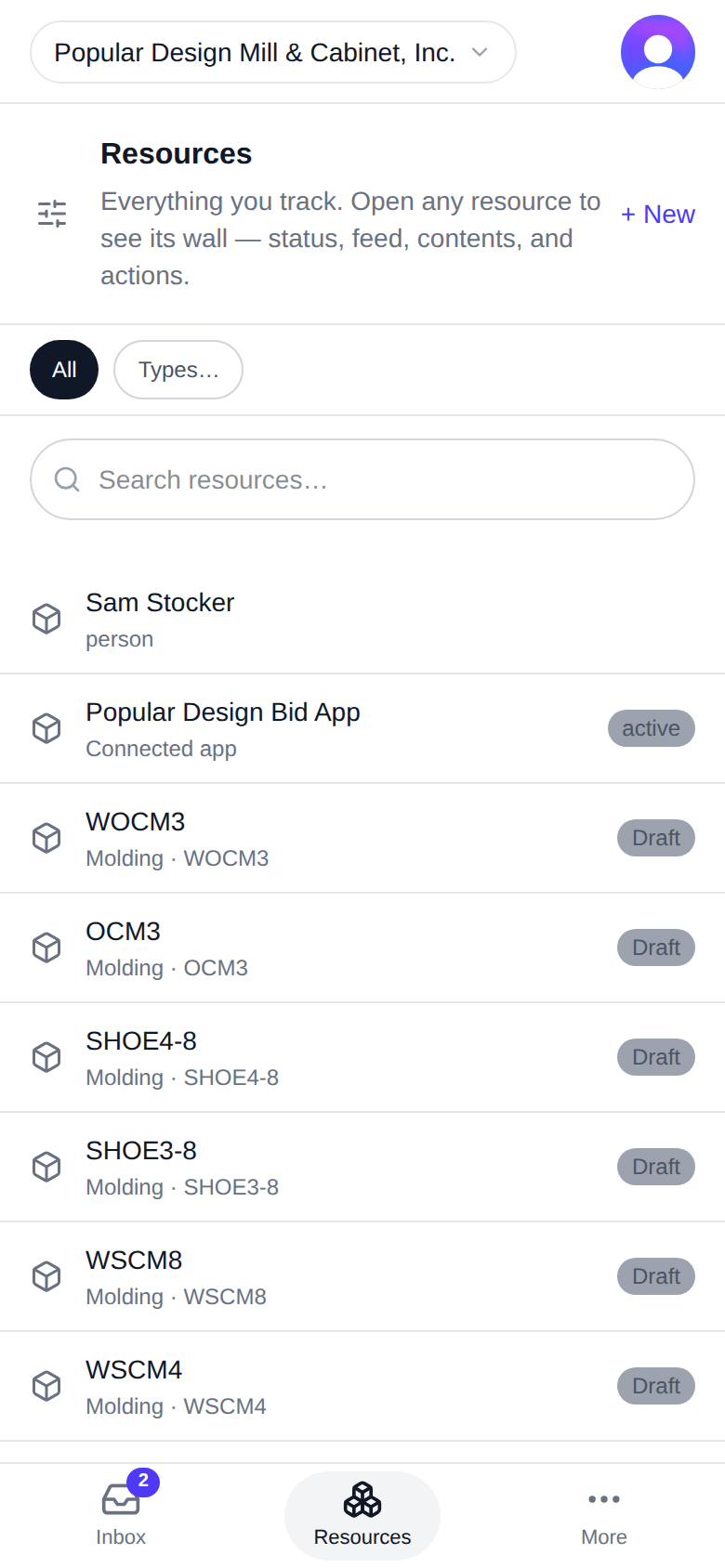 "Resources" — search, filter, drill into any wall