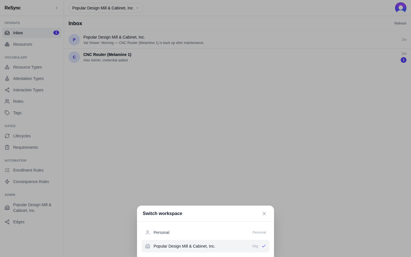 "Switch workspace" with "Personal" and an "Org" row — desktop