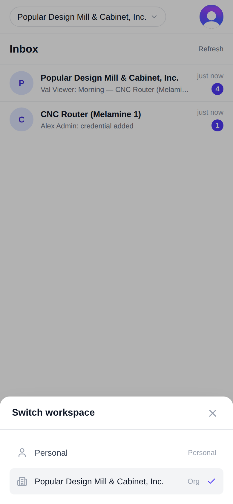 "Switch workspace" with "Personal" and an "Org" row
